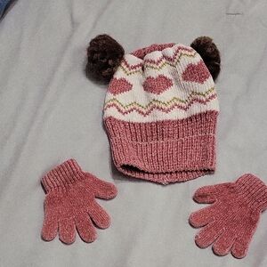 Source Unknown Pink and Brown Kids Hat and Gloves Set